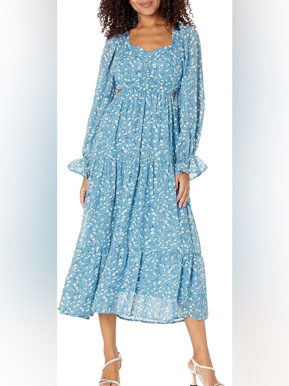 Moon River Ruffled Smock Midi Dress Back Cut Out Blue Floral Womens Sz. L